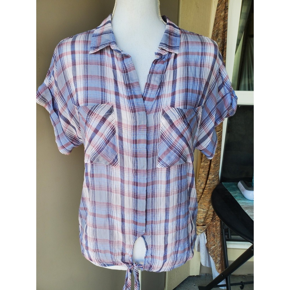 Anthropologie Cloth & Stone Shirt‎ Womens Medium Blue Plaid Farmhouse Boho Chic